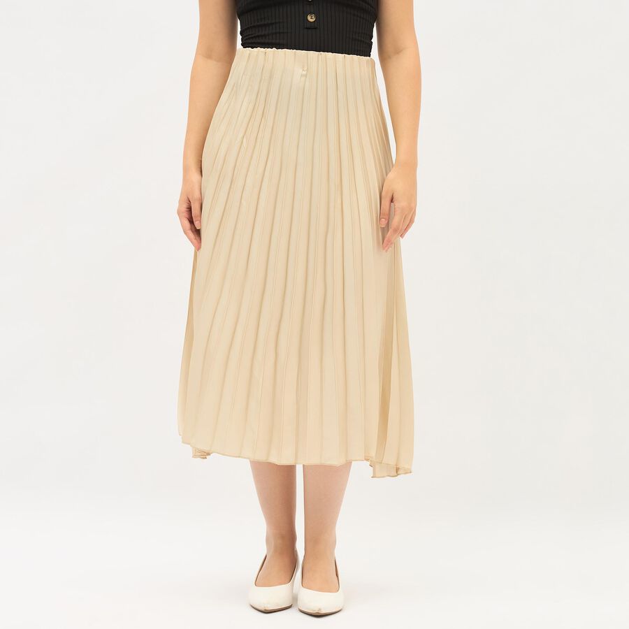 Women's Soft Beige Pleated Midi Skirt, Beige, large