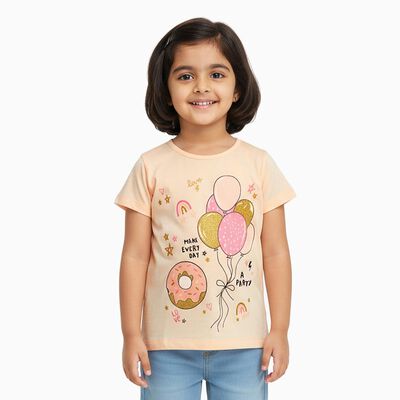 Girls' Soft Peach Cotton Round Neck Casual T-Shirt