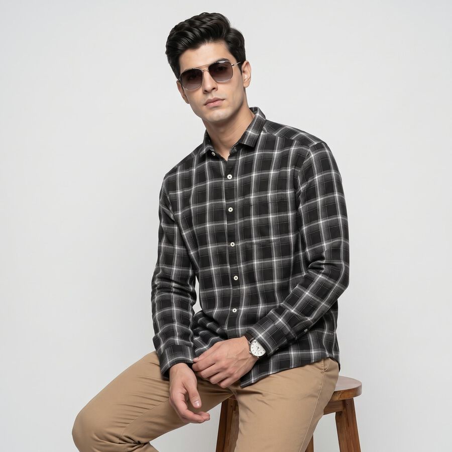 Men's Black Cotton Checked Casual Shirt, Black, large