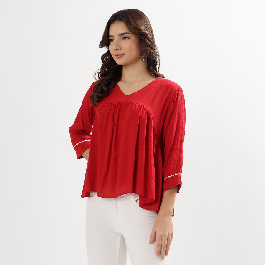 Ladies' Rich Crimson Red V-Neck Pleated Printed Kurti, Maroon, large image number null