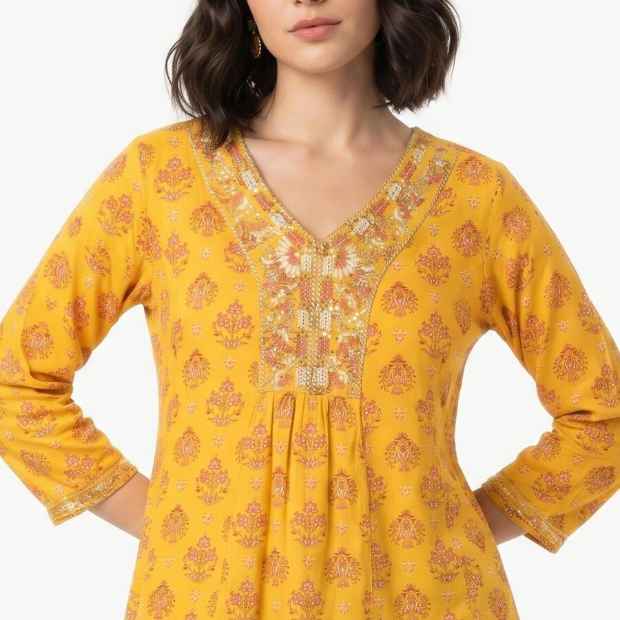 Women's Yellow V-Neck Printed A-Line Kurti, Yellow, large