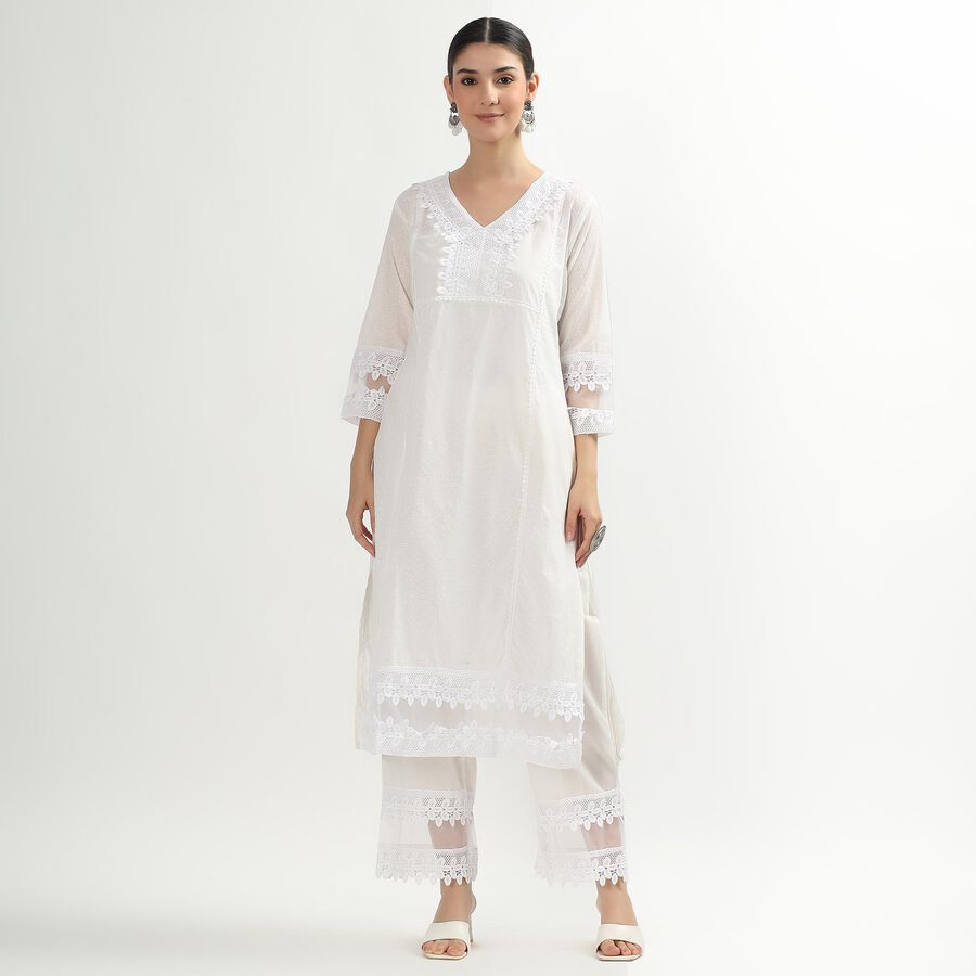 Women's White Cotton Embroidered Ethnic Set, Off White, large image number null