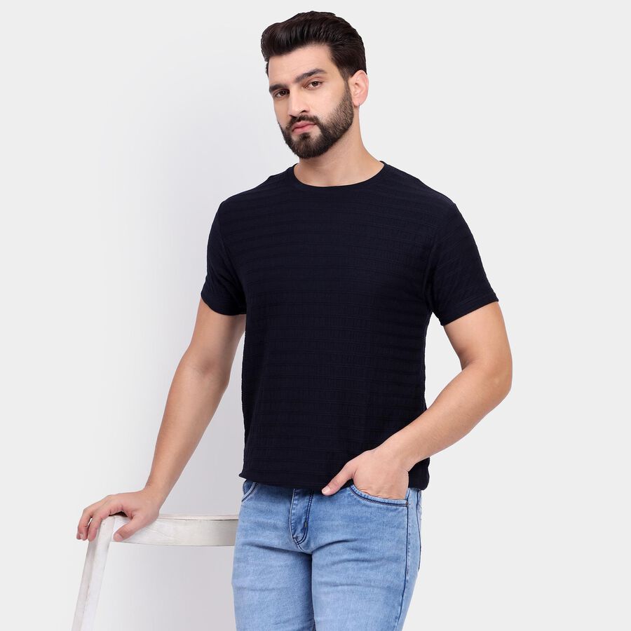 Men's Round Neck Half Sleeves T-Shirt, Navy Blue, large