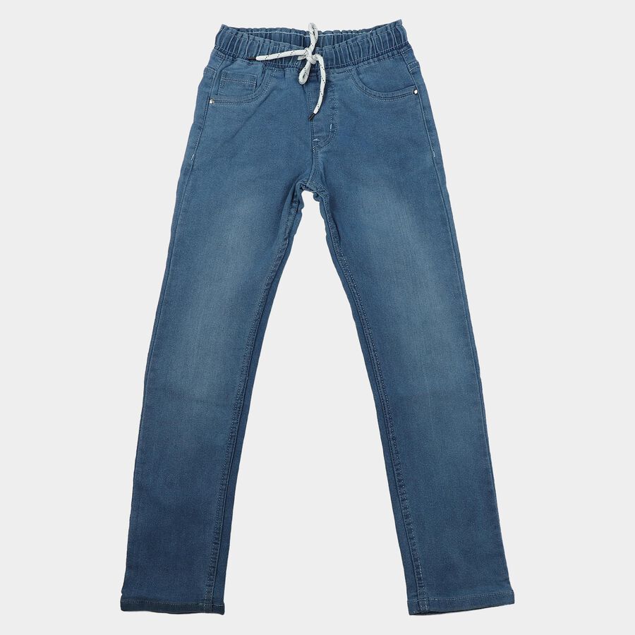 Boys' Blue Straight Fit Drawstring Waist Jeans, Mid Blue, large