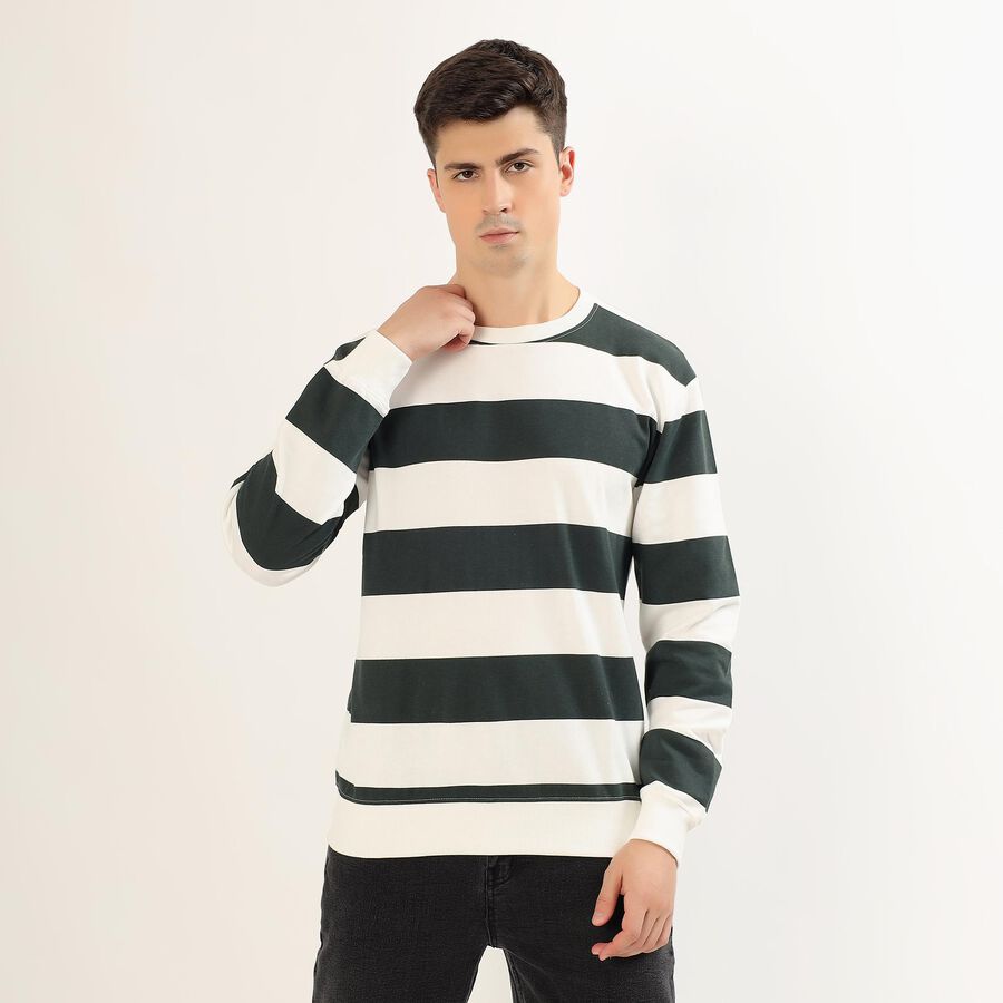 Men's Dark Forest Green and White Crew Neck Striped Sweatshirt, Dark Green, large image number null