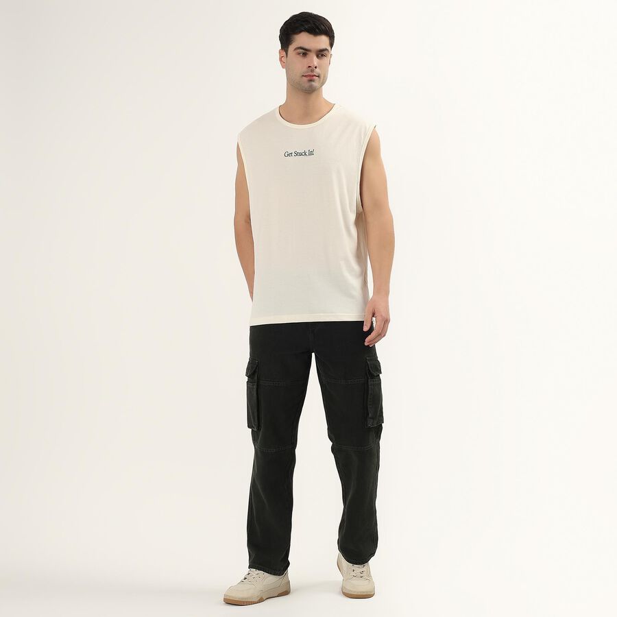 Men's Off-White Crew Neck Casual Sleeveless T-Shirt, Off White, large