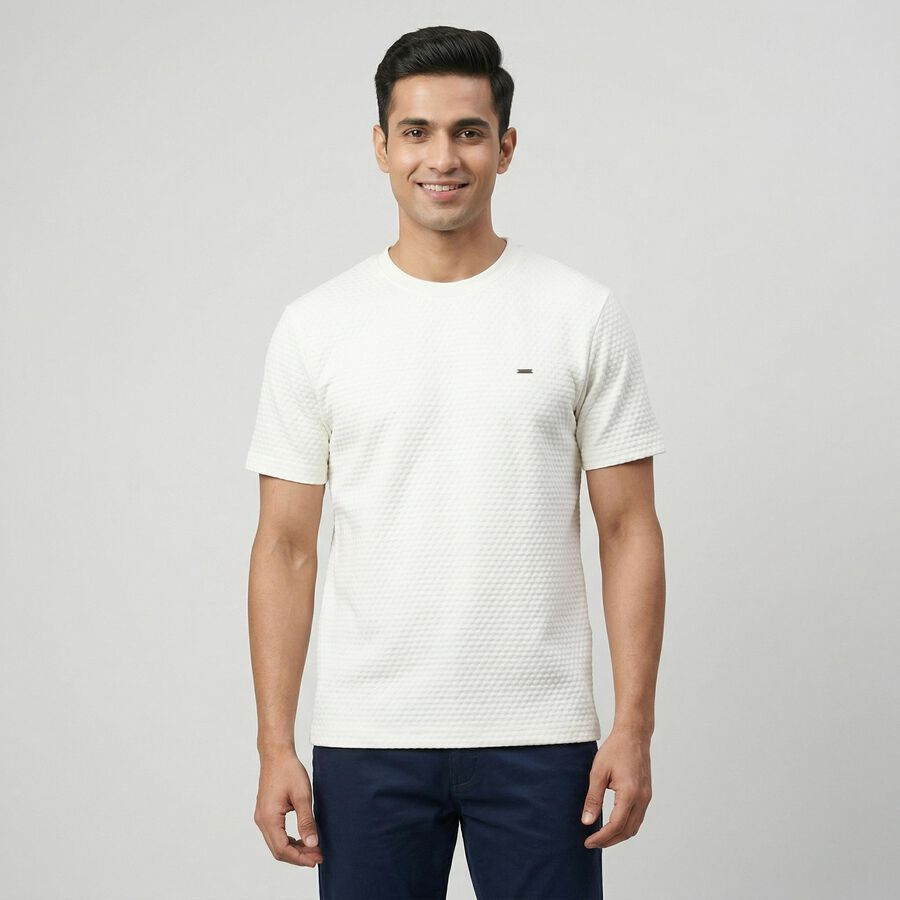 Men's White Round Neck Casual T-Shirt, White, large