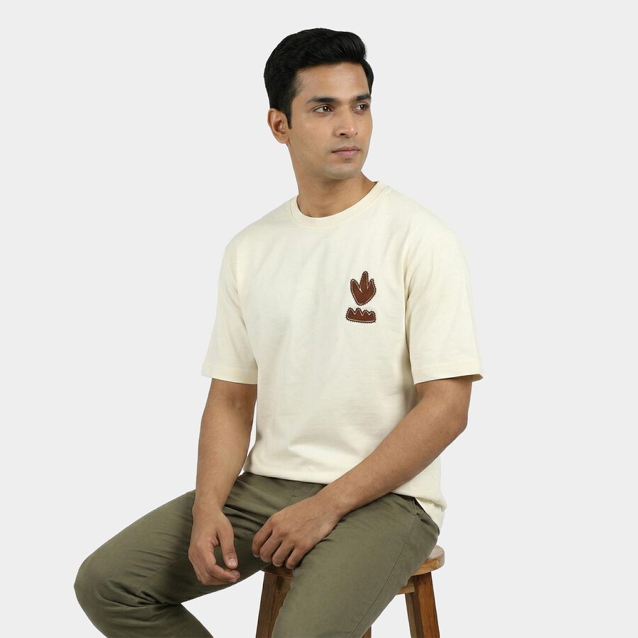 Men's Beige Cotton Round Neck Casual T-Shirt, गहरा पीला, large