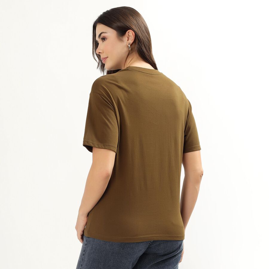 Women's Muted Olive Green Cotton Round Neck Casual T-Shirt, ओलिव, large