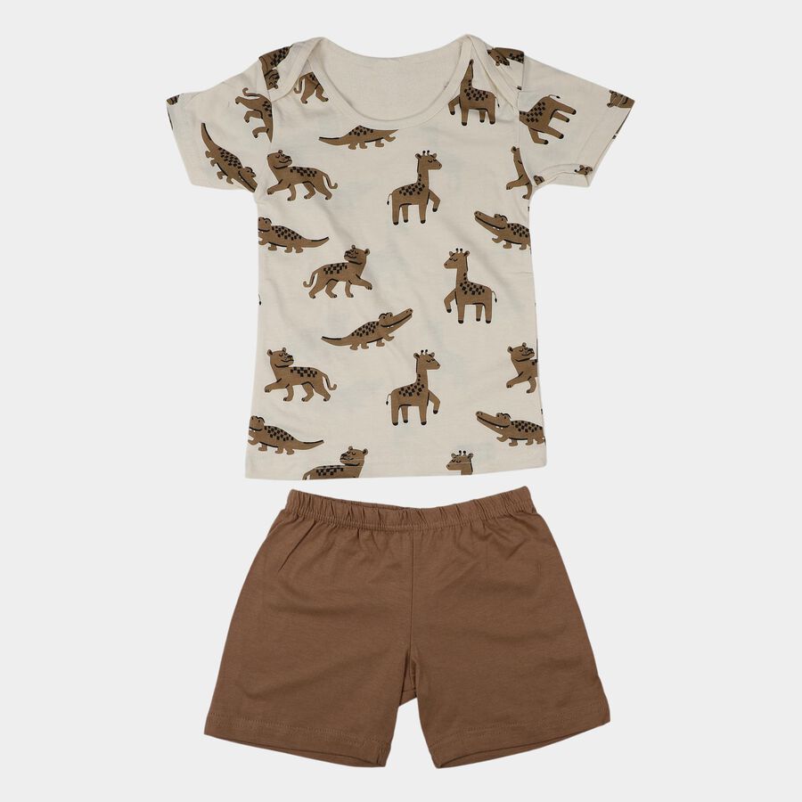 Infants' Beige Cotton Round Neck Solid Baba Suit, Beige, large