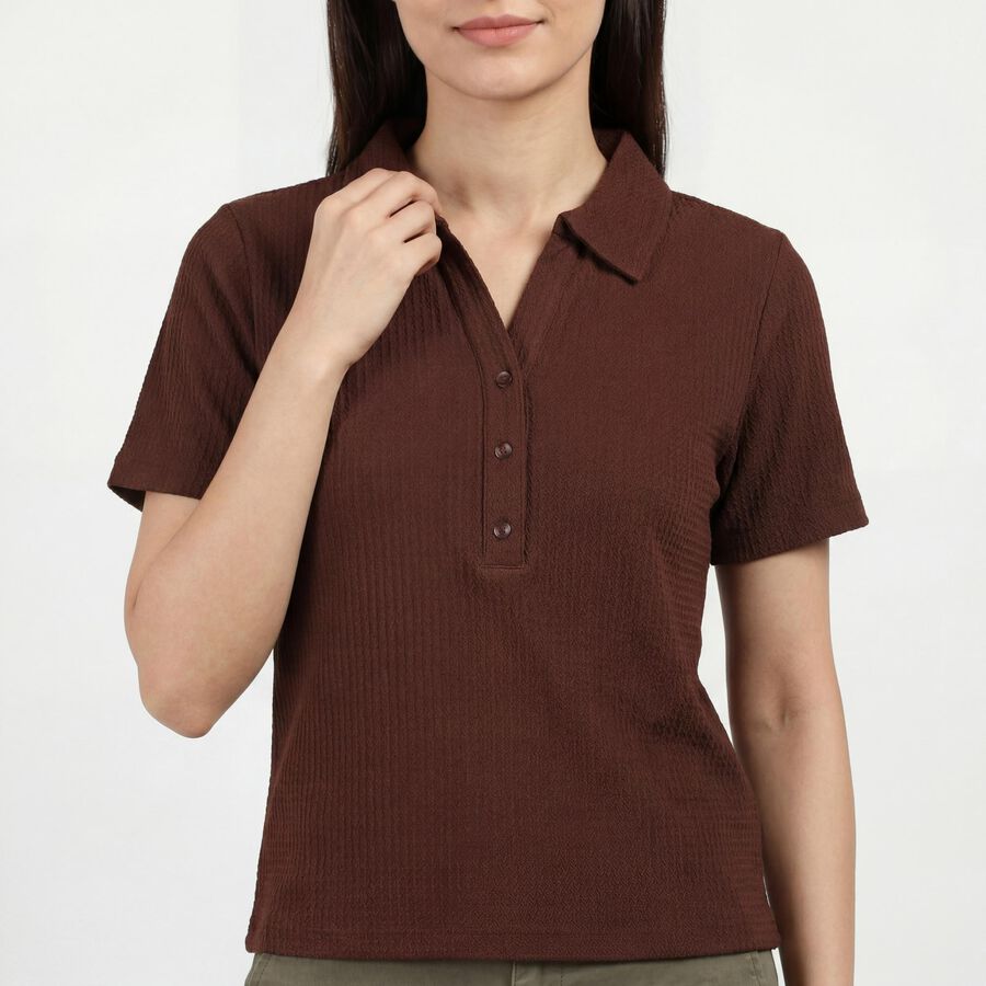 Women's Brown Polo Neck Preppy Polo T-Shirt, Brown, large