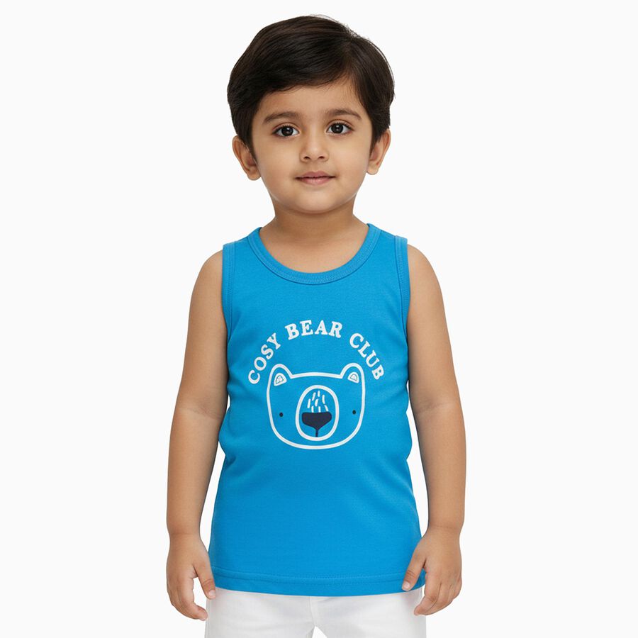 Infants Bright Blue Cotton Round Neck Casual Vest, मध्यम नीला, large image number null