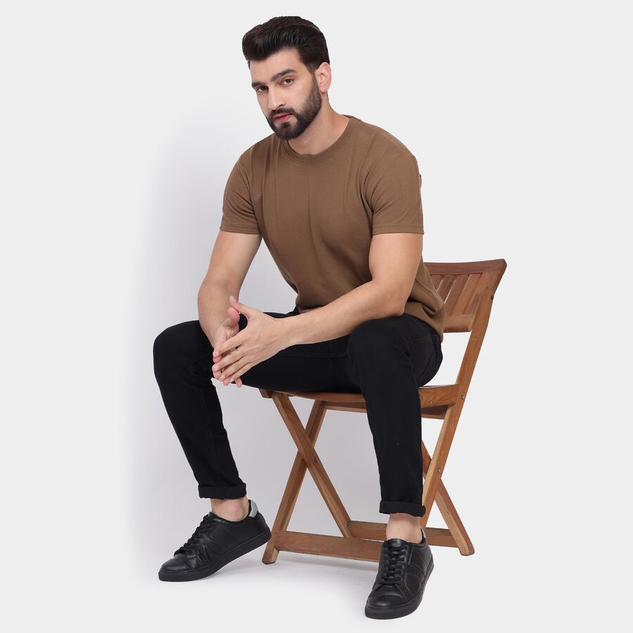 Men's Round Neck Half Sleeves T-Shirt, भूरा, large