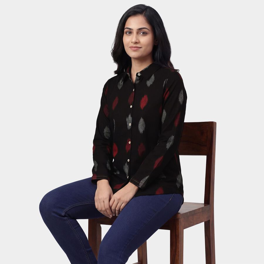 Women's Black Cotton Notch Neck Printed Kurti, काला, large