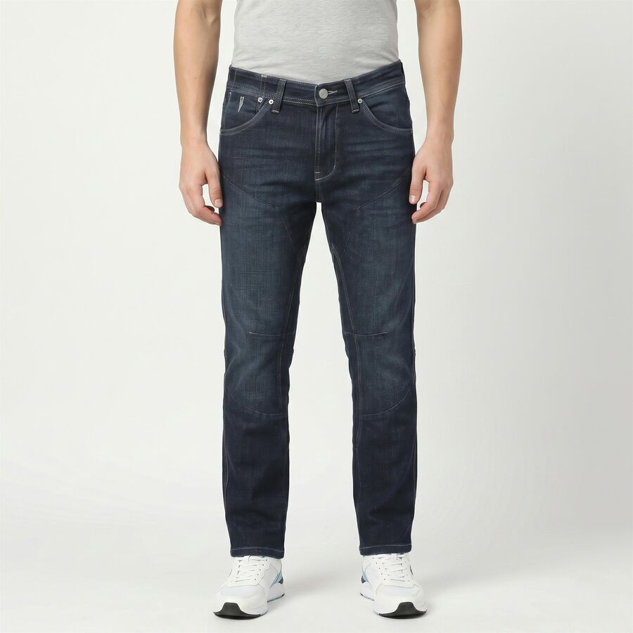 Men's Navy Blue Straight Fit Panelled Washed Jeans, Dark Blue, large
