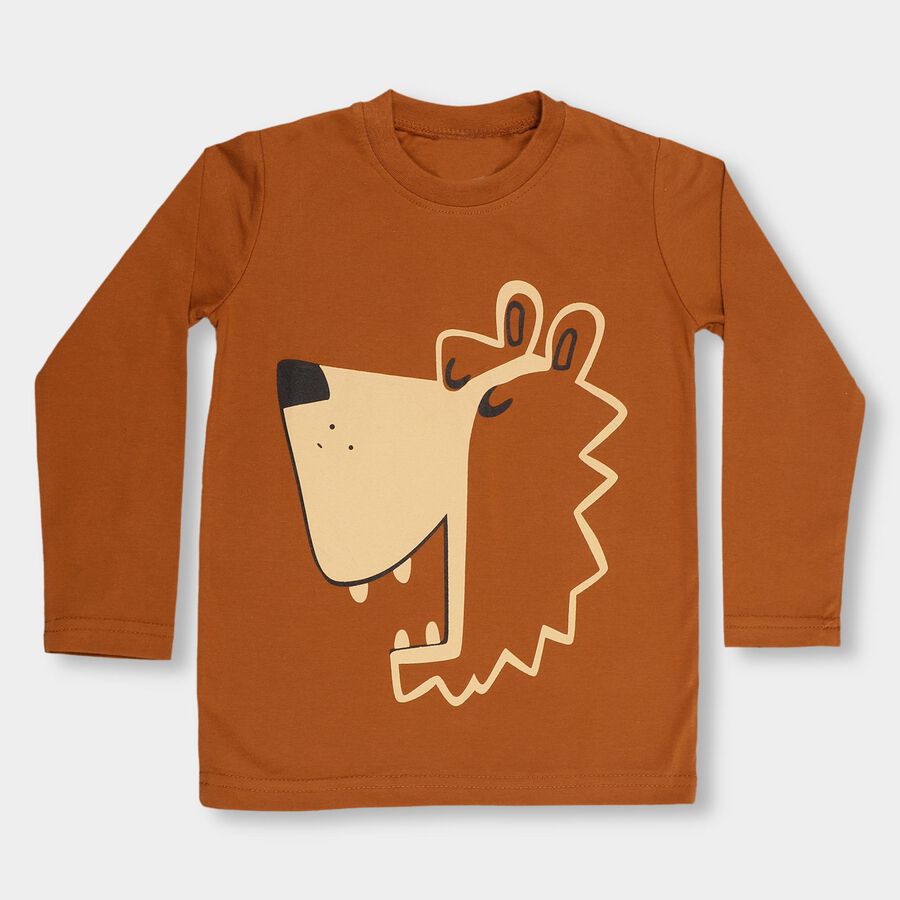Boys' Warm Terracotta Brown Round Neck Casual T-Shirt, Brown, large image number null