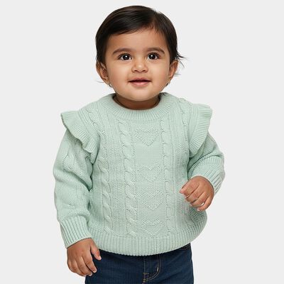 Infants' Light Mint Green Crew Neck Cable Knit Pullover