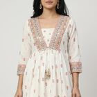 Women's White V-Neck Printed Flared Kurta, Off White, small
