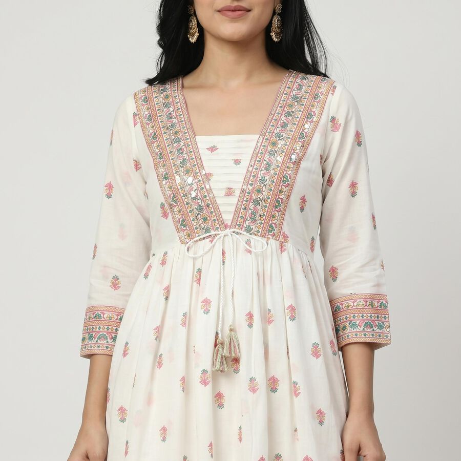 Women's White V-Neck Printed Flared Kurta, Off White, large