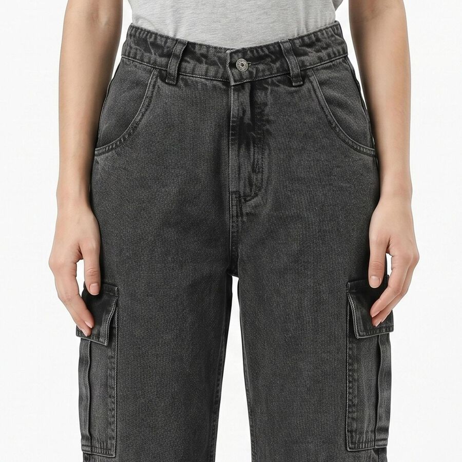 Women's Dark Grey Relaxed Fit Cargo Jeans, Dark Grey, large
