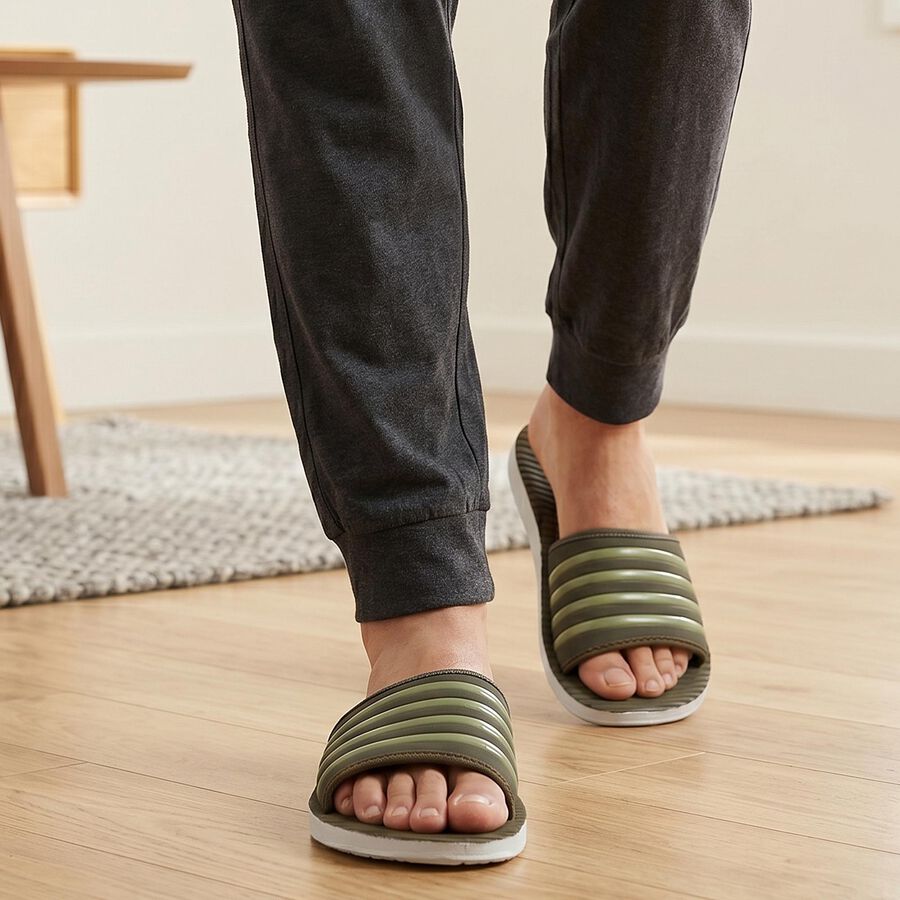 Men's Olive Green Slip-On Slide Sandals, ओलिव, large