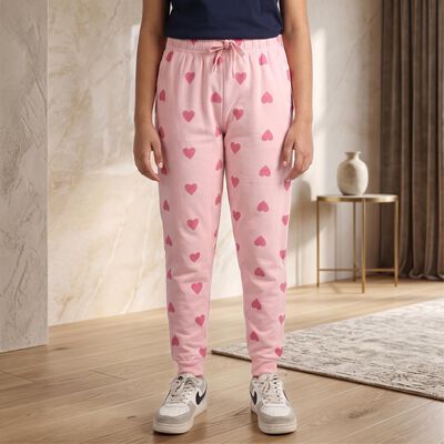Girls Pink Heart Printed Drawstring Jogger Pyjama