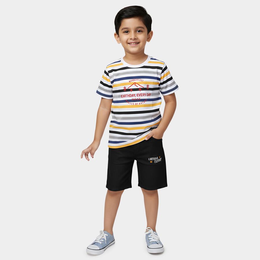 Boys White 100% Cotton Round Neck Striped Graphic Baba Suit, White, large