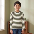 Boys' Olive Green Crew Neck Striped Pullover, ओलिव, small