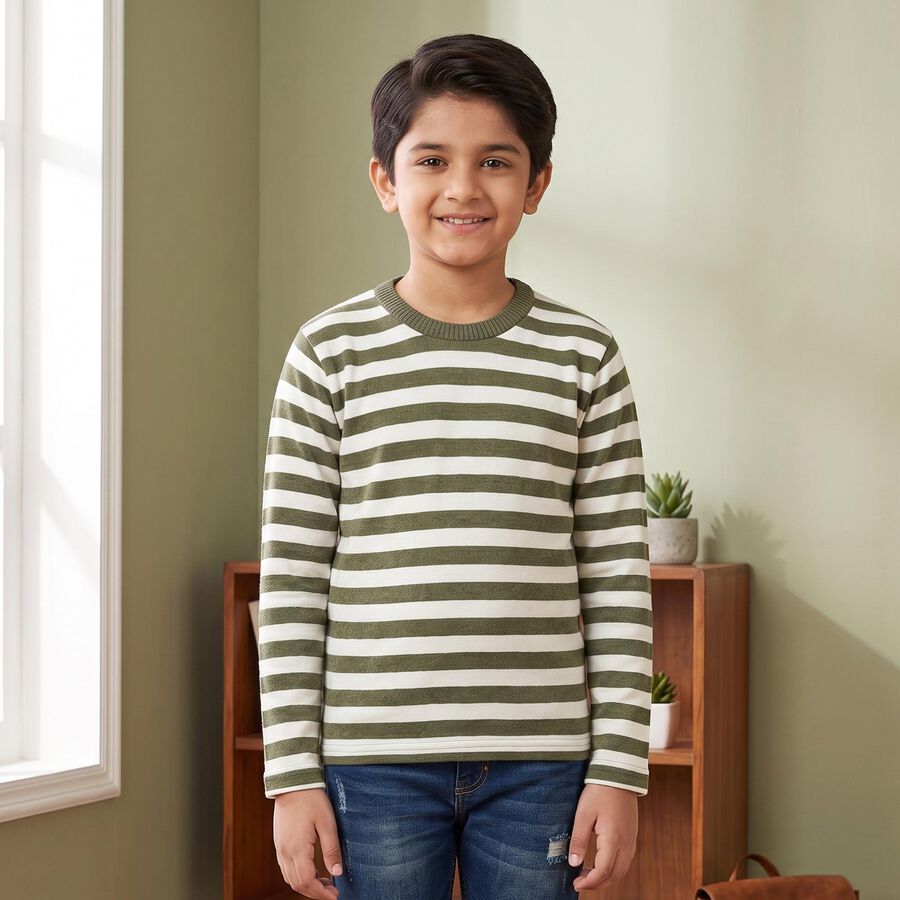 Boys' Olive Green Crew Neck Striped Pullover, ओलिव, large