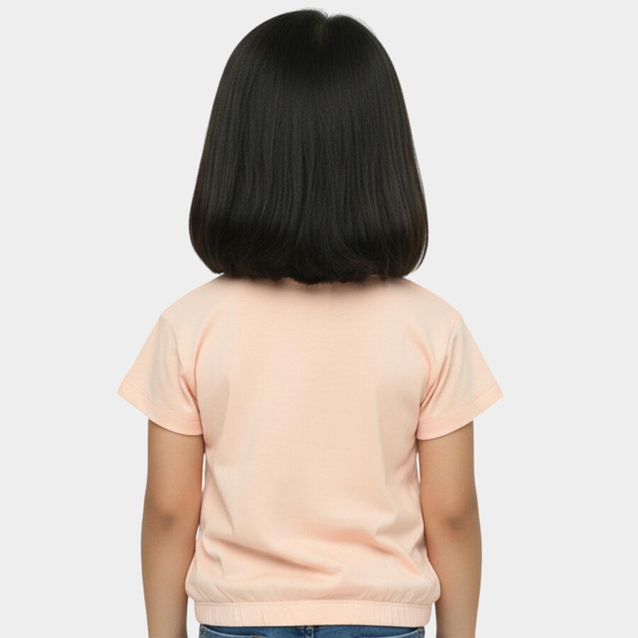 Girls' Peach Cotton Round Neck Casual T-Shirt, पीच, large