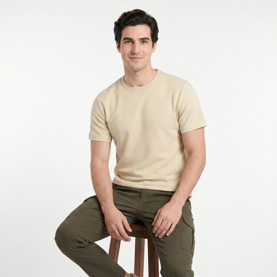 Men's Beige Cotton Round Neck Regular T-Shirt, Beige, large