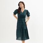 Women's Deep Forest Green Cotton V-Neck Empire Dress, Dark Green, small image number null
