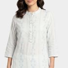 Women's Light Blue Mandarin Collar Printed Straight Kurta, हल्का नीला, small