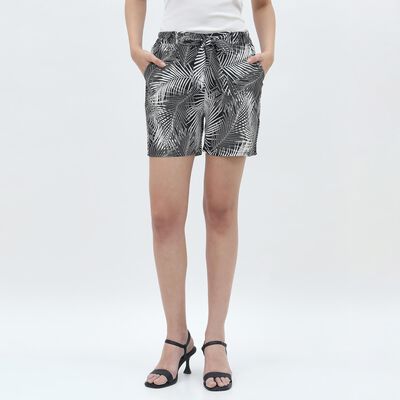 Women's Black and White Printed Relaxed Fit Pyjama Shorts