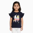 Girls' Navy Blue Cotton Round Neck Ruffle Sleeve Graphic T-Shirt, Navy Blue, small image number null