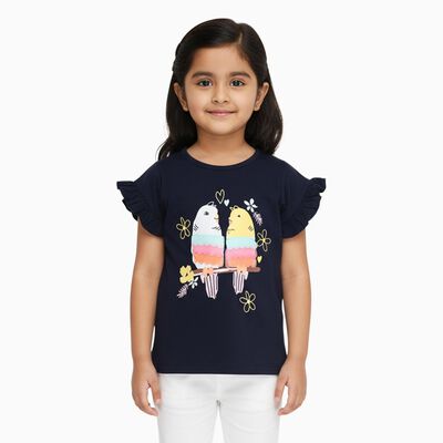 Girls' Navy Blue Cotton Round Neck Ruffle Sleeve Graphic T-Shirt