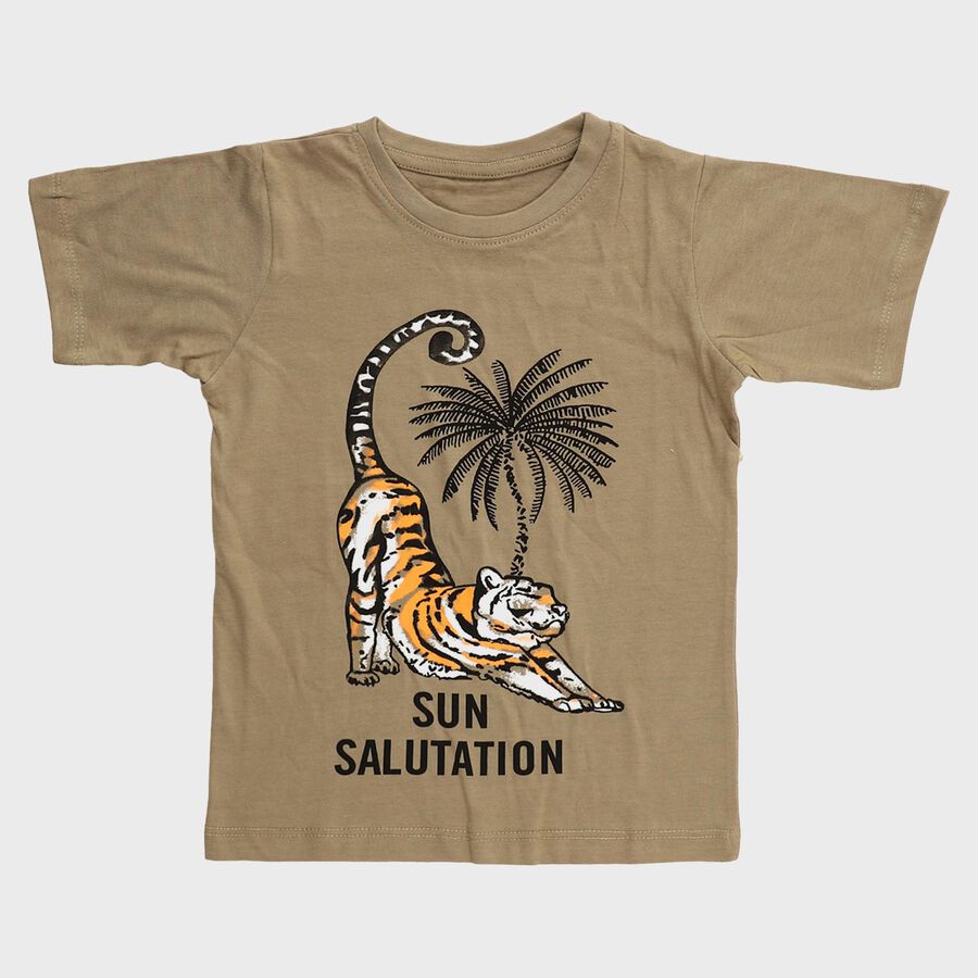 Boys Muted Olive Green Cotton Round Neck Casual T-Shirt, Olive, large