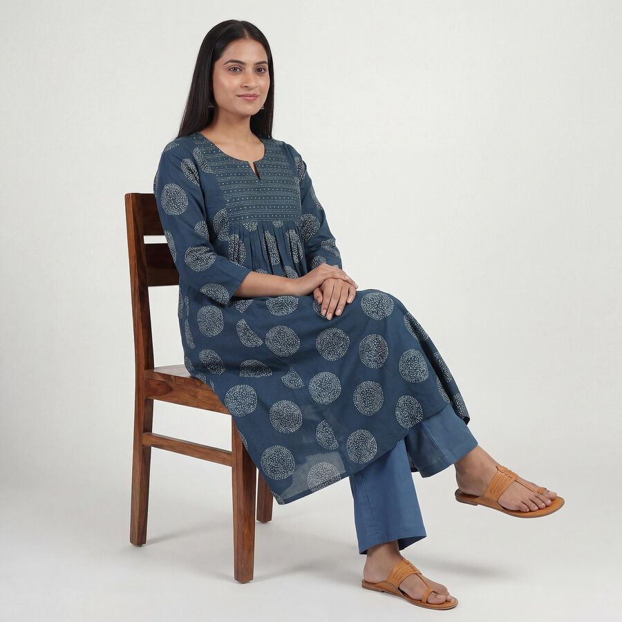 Women's Teal Notch Neck Printed Kurta, टील ब्लू, large