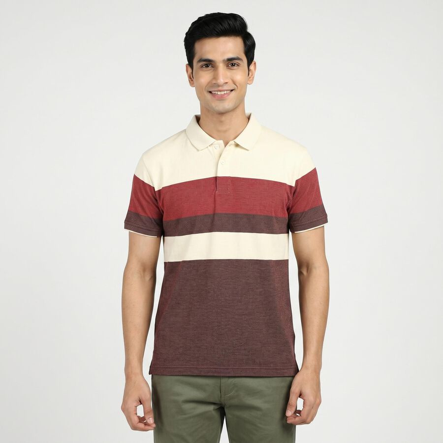 Men's Wine Cotton Collared Neck Casual T-Shirt, Wine, large
