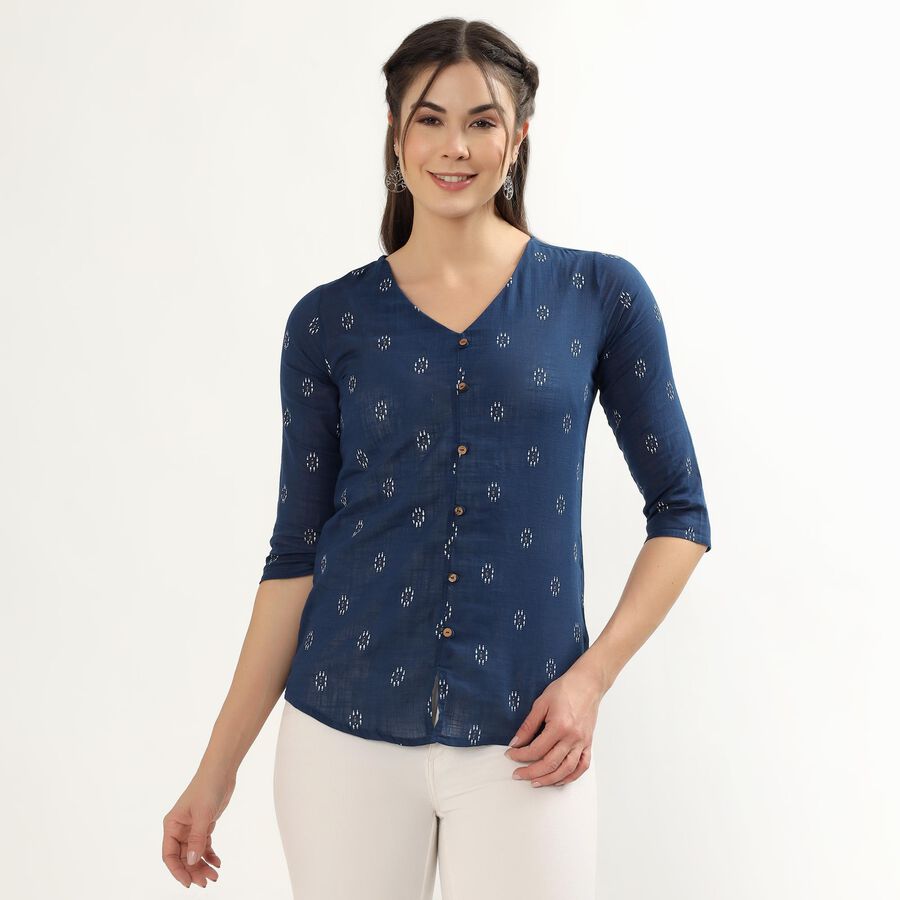 Women's Dark Blue Cotton Notch Neck Floral Printed Kurti, Dark Blue, large