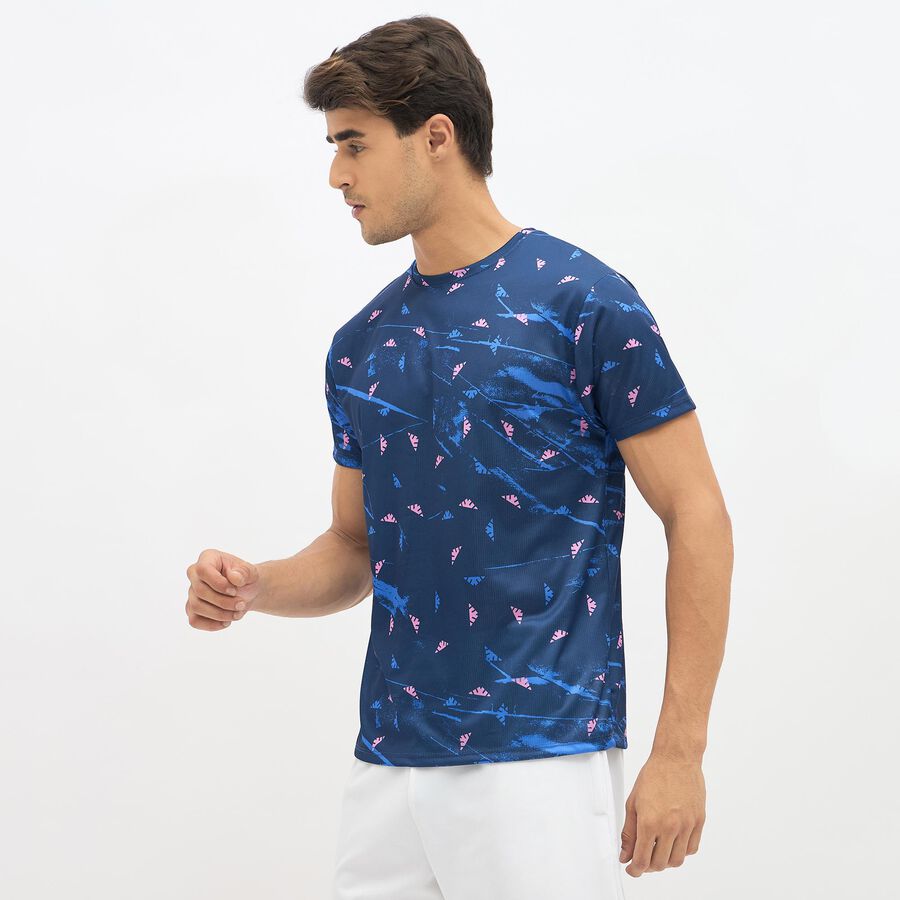 Men's Navy Blue Round Neck Athleisure T-Shirt, Light Blue, large image number null