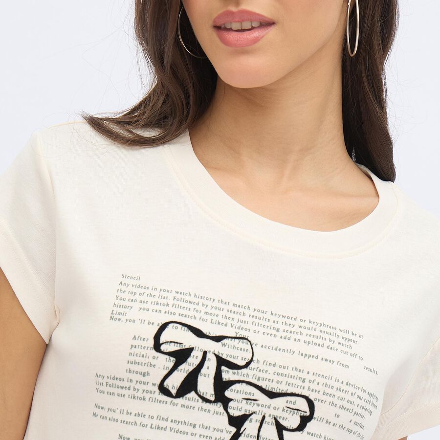 Women's Off-White Cotton Round Neck Casual Crop T-Shirt, Off White, large image number null
