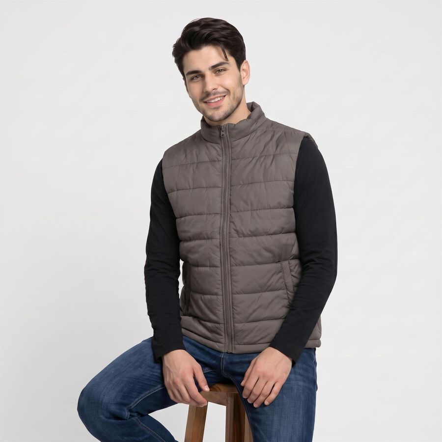 Men's Dark Grey Stand Collar Puffer Jacket, Dark Grey, large