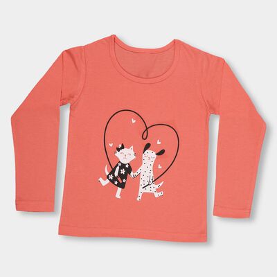 Girls' Bright Coral Cotton Round Neck Casual Top