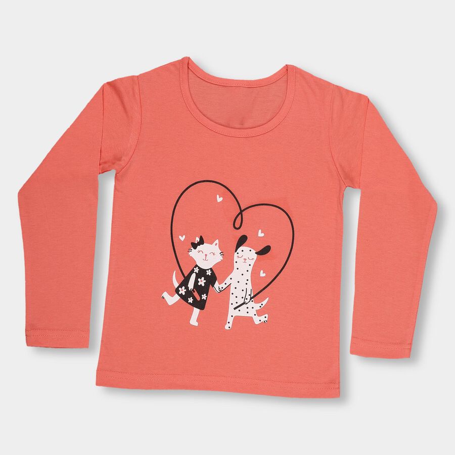Girls' Bright Coral Cotton Round Neck Casual Top, मूँगा (कोरल), large image number null