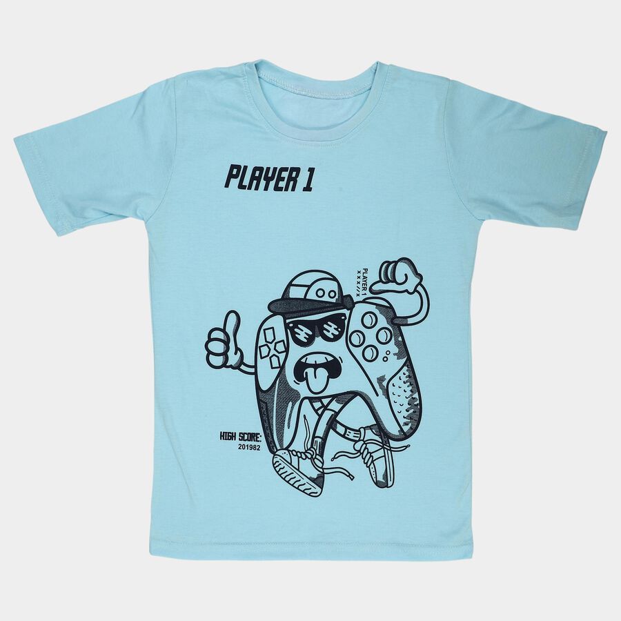 Boys Light Blue Cotton Blend Round Neck Regular Boys T-Shirt, हल्का नीला, large