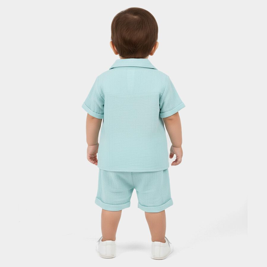 Infants' Aqua Cotton Collared Textured Baba Suit, एक्वा, large