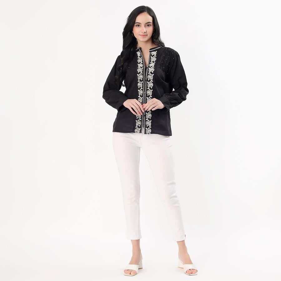 Women's Jet Black Cotton Mandarin Collar Casual Shirt, Black, large