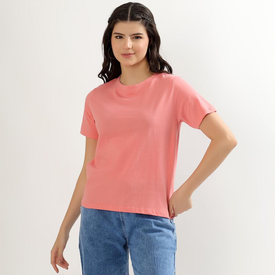 Women's Soft Pink Cotton Round Neck T-Shirt, Pink, large