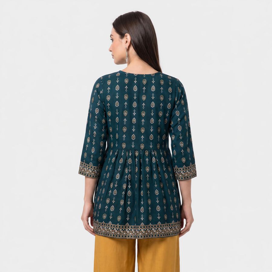 Women's Teal Round Neck Printed A-Line Kurti, टील ब्लू, large
